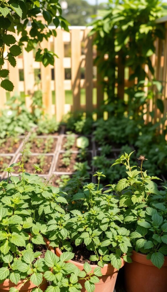 A lush, well-organized container garden set against a bright, airy square foot garden backdrop. In the foreground, a variety of healthy potted plants and herbs thrive, their leaves and blossoms bathed in warm, natural sunlight. The middle ground features neatly divided square foot garden beds, their soil rich and dark, with a diverse array of vegetables and companion plants growing in harmonious clusters. In the background, a wooden fence or trellis frames the scene, adding a sense of structure and enclosure. The overall atmosphere is one of abundance, order, and the synergistic beauty of small-space, intensive gardening techniques.