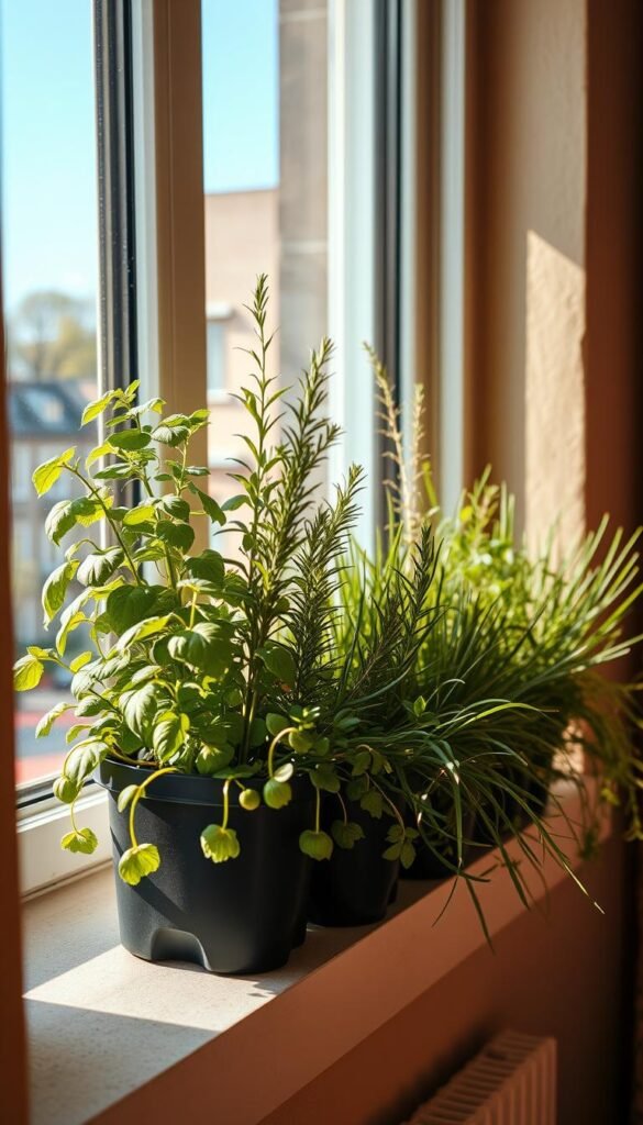 A lush, well-organized container herb garden sits on a sun-drenched windowsill, bathed in warm, golden light from the afternoon sun. An array of thriving herbs - fragrant basil, verdant rosemary, and vibrant chives - are neatly arranged in individual pots, their leaves gently swaying in a soft breeze. The compact setup maximizes the limited space, showcasing the bountiful yield and practical benefits of growing herbs in an apartment window box. The overall scene conveys a sense of serene productivity, inviting the viewer to imagine the flavorful, fresh herbs within easy reach.