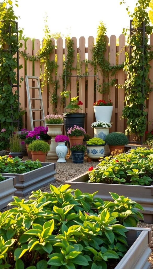 A lush, well-organized fruit garden with a variety of raised beds and containers, bathed in warm, golden afternoon light. In the foreground, neatly arranged raised beds filled with thriving fruit plants, their leaves gently swaying. In the middle ground, an assortment of decorative containers overflowing with vibrant flowers and trailing vines. Tall, sturdy trellises support climbing vines, creating a sense of depth and structure. The background features a picturesque wooden fence, framing the scene and enhancing the cozy, productive atmosphere. The overall composition conveys a harmonious, inviting space, perfect for growing a bountiful fruit garden.