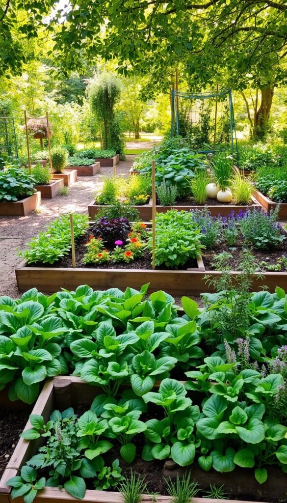 A lush, well-organized raised vegetable garden, featuring a variety of companion plants artfully arranged in distinct beds. The foreground showcases thriving leafy greens, vibrant flowers, and fragrant herbs nestled within tidy wooden frames. The middle ground reveals a thoughtful layout with intersecting paths, allowing easy navigation through the productive garden. In the background, a warm, natural light filters through a canopy of verdant foliage, creating a serene and inviting ambiance. The scene exudes a sense of harmony, where each element contributes to the overall ecological balance of the garden. The image captures the essence of a visually appealing and functionally efficient raised bed companion planting system.