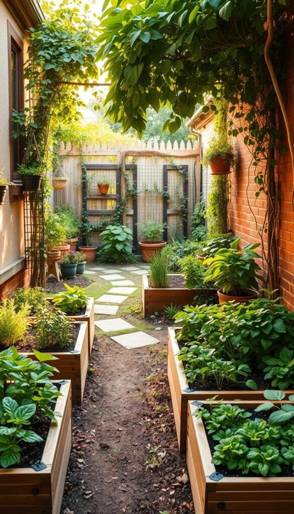 A lush, well-organized small backyard garden, showcasing efficient use of limited space. In the foreground, raised garden beds brimming with thriving vegetables and herbs, arranged in a visually appealing, space-saving layout. The middle ground features a winding path leading through the garden, flanked by potted plants and vertical gardening structures, like trellises and hanging baskets. In the background, a charming wooden fence or trellis entwined with climbing vines, creating a sense of enclosure and privacy. Warm, natural lighting filters through the verdant foliage, casting soft shadows and highlighting the vibrant colors of the plants. The overall atmosphere conveys a serene, productive, and harmoniously designed urban oasis, maximizing the potential of a small outdoor space.