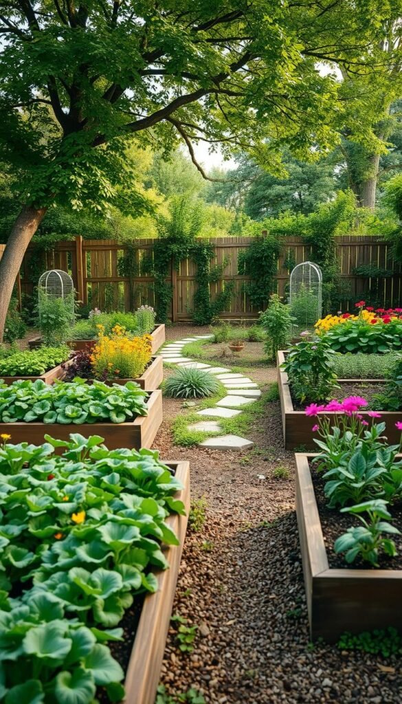 A lush, well-organized vegetable garden layout, captured in a soft, dreamy light. The foreground features neatly arranged raised garden beds, with a variety of vegetables and herbs growing in rows. The middle ground showcases a meandering stone path, lined with vibrant flowering plants that attract pollinators. In the background, a picturesque wooden fence and a verdant tree canopy create a serene, natural backdrop. The overall composition evokes a sense of harmony, productivity, and a connection to the earth. Captured with a wide-angle lens to provide a comprehensive view of the thoughtfully designed garden.