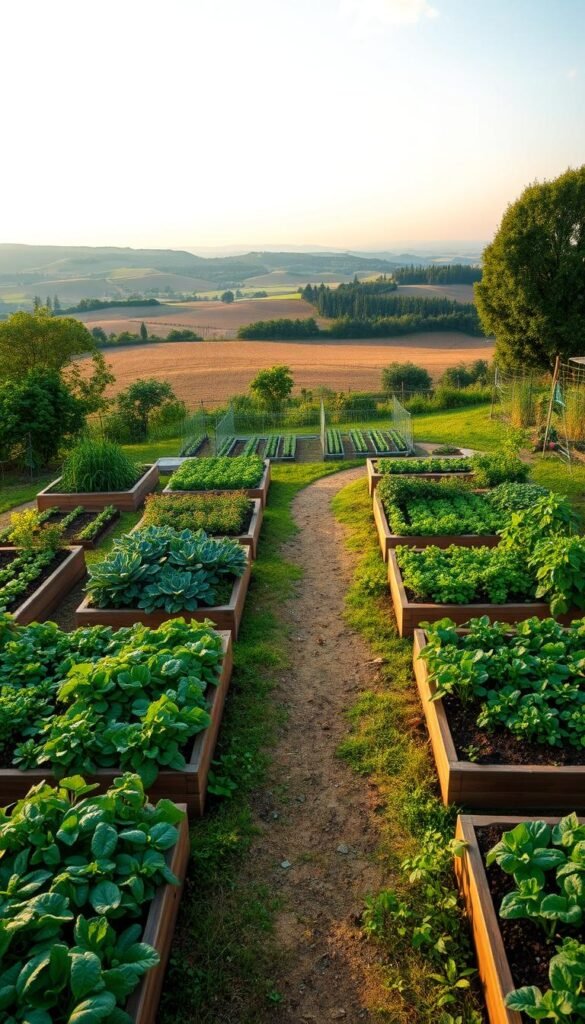 A lush, well-organized vegetable garden layout, shot from an elevated angle with a wide-angle lens. The foreground showcases a grid of raised beds, each filled with thriving vegetables and herbs. The middle ground features a winding path that guides the viewer's eye, with carefully spaced rows of leafy greens, root vegetables, and climbing plants. In the background, a picturesque countryside landscape unfolds, complete with rolling hills, a distant treeline, and a warm, golden-hour lighting that casts a soft, inviting glow over the entire scene. The overall composition conveys a sense of harmony, productivity, and the joys of growing one's own food.