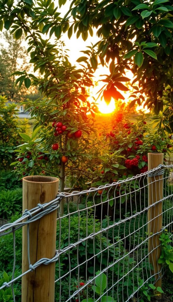 A lush, well-tended backyard fruit garden, its boundaries delineated by a robust, intricately woven fence. The foreground features the barrier's intricate construction, highlighting its sturdy wooden posts and resilient woven wire mesh that seamlessly blends with the surrounding verdant foliage. In the middle ground, a variety of thriving fruit trees and berry bushes stand as testament to the fence's effectiveness, their branches laden with ripe, vibrant produce. The background showcases a warm, golden-hued sunset, casting a soft, diffused light that illuminates the garden's tranquil, idyllic atmosphere. The overall scene conveys a sense of security, harmony, and the successful coexistence of human cultivation and natural elements.