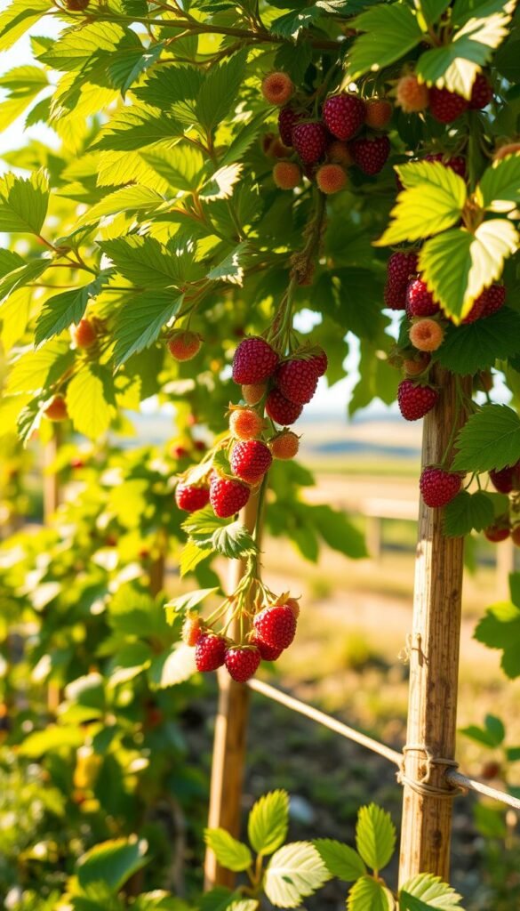 A lush, well-tended berry bush thriving in a sunlit garden. In the foreground, verdant leaves and plump, ripe berries glisten in warm, golden light. The middle ground reveals a healthy cane structure, supported by wooden stakes. The background features a soft-focus, blurred landscape, suggesting an idyllic, countryside setting. The overall scene conveys a sense of abundance, vitality, and the careful cultivation required to grow a bountiful berry bush.