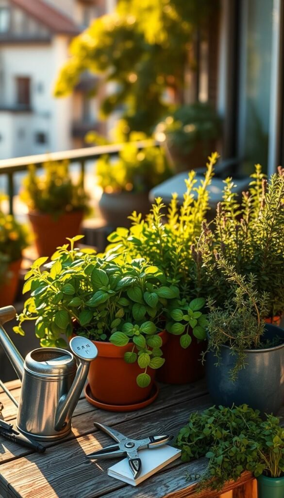 A lush, well-tended container herb garden, bathed in warm, golden afternoon sunlight. In the foreground, a collection of thriving potted herbs - fragrant basil, verdant rosemary, and vibrant thyme - arranged with care on a weathered wooden table. The middle ground features a watering can, pruning shears, and a small notebook, hinting at the attentive care required to maintain this verdant oasis. In the background, a gently blurred urban setting, suggesting this self-contained garden's placement on a balcony or patio, a serene haven amidst the hustle and bustle. The overall mood is one of tranquility, inviting the viewer to pause and absorb the simple pleasures of cultivating a thriving, bountiful container herb garden.