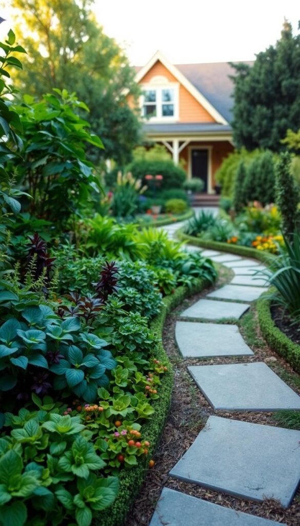 A lush, well-tended front yard featuring a vibrant display of edible plants. In the foreground, a mix of leafy greens, vibrant herbs, and colorful vegetables spill over neatly trimmed borders, creating a visually appealing and practical landscape. The middle ground showcases a whimsical pathway winding through the edible garden, inviting visitors to explore. In the background, a charming house with a warm, welcoming facade stands as the backdrop, its architecture seamlessly integrated with the edible oasis. Soft, natural lighting filters through the verdant foliage, casting a tranquil glow over the scene. The overall atmosphere conveys the benefits of an edible front yard - a harmonious blend of curb appeal and sustainability.