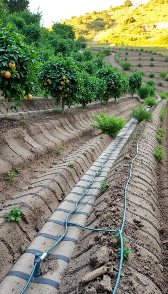 A lush, well-tended fruit garden nestled on a terraced slope, with a focus on optimized soil irrigation techniques. In the foreground, a network of gentle furrows and channels guide water through the earth, nourishing the deep roots of thriving fruit trees. The middle ground showcases a drip irrigation system, its thin lines snaking through the garden beds, delivering targeted hydration to the plants. In the background, a subtle slope catches the warm afternoon light, revealing the natural contours of the land and the care taken to work in harmony with the environment. The scene conveys a sense of balance, sustainability, and a deep respect for the delicate dance between soil, water, and bountiful growth.