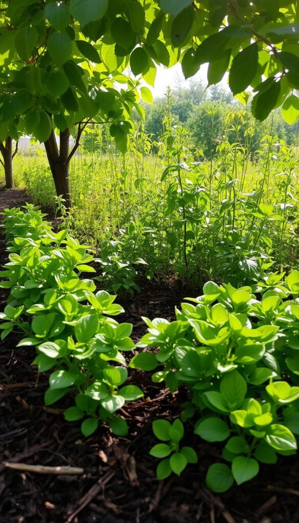 A lush, well-tended garden bed with a variety of vibrant green plants thriving amidst a backdrop of rich, dark soil. In the foreground, thick layers of organic mulch cover the ground, suppressing the growth of weeds. Sunlight filters through the canopy of leaves, casting a warm, natural glow over the scene. In the middle ground, a mix of leafy herbs and flowering plants stand tall, their petals and foliage creating a visually striking and harmonious composition. The overall mood is one of tranquility, abundance, and a deep connection to the natural world.