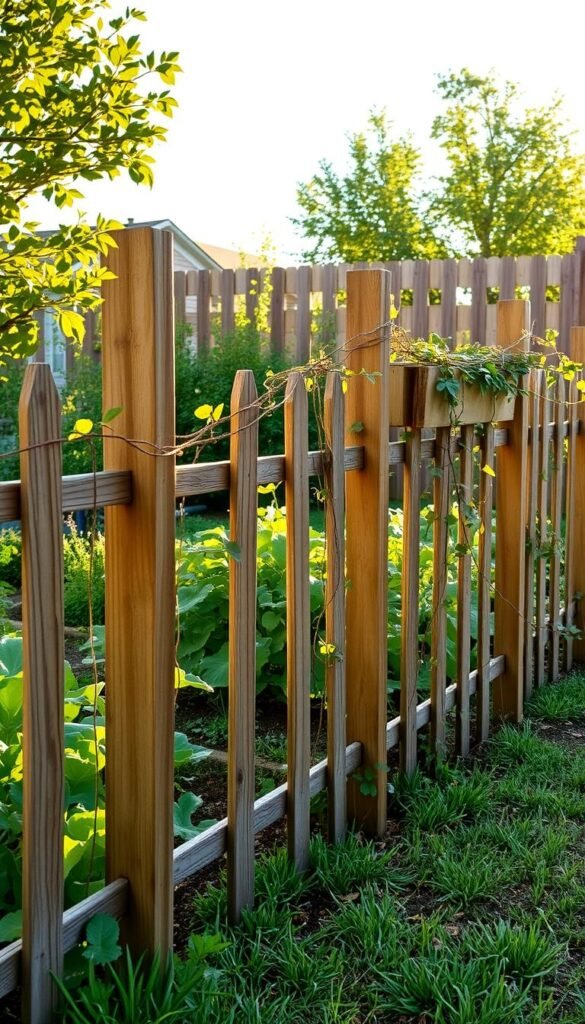 A lush, well-tended vegetable garden, its boundaries defined by a charming wooden fence. The fence posts are sturdy and weathered, supporting horizontal rails that create a classic, rustic aesthetic. Delicate vines and climbing plants gracefully drape over the fence, adding a touch of natural beauty. The scene is bathed in warm, golden sunlight, casting gentle shadows that accentuate the fence's intricate design. The overall impression is one of functionality seamlessly blended with aesthetic appeal, creating a visually appealing and inviting backyard oasis.