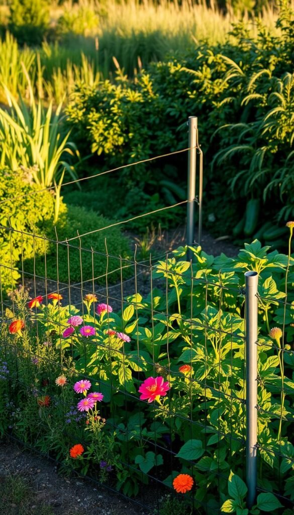 A lush, well-tended vegetable garden nestled amidst a verdant landscape, protected by a sturdy yet stylish wire mesh fence. In the foreground, a mix of vibrant flowers and aromatic herbs line the perimeter, creating a natural barrier against intrusive wildlife. The middle ground features a variety of vegetable plants, their leaves and fruits casting long shadows under the warm, golden light of the afternoon sun. In the background, a dense thicket of bushes and tall grasses provides additional cover, hinting at the diverse local fauna that the garden's design aims to accommodate. The whole scene exudes a sense of harmony between cultivation and conservation, showcasing an effective, wildlife-specific garden protection solution.