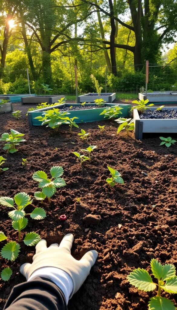 A lush, well-tilled garden bed, the soil rich and dark, ready to nourish the delicate berry plants. In the foreground, a gardener's gloved hands gently turn the earth, incorporating organic matter to improve drainage and fertility. Sunlight filters through the canopy of trees, casting a warm, golden glow over the scene. Raised garden beds stand ready, their sturdy frames waiting to provide the ideal growing conditions for the vibrant raspberries, blueberries, and blackberries. The atmosphere is one of peaceful productivity, a serene collaboration between human and nature, preparing the foundation for a bountiful harvest.