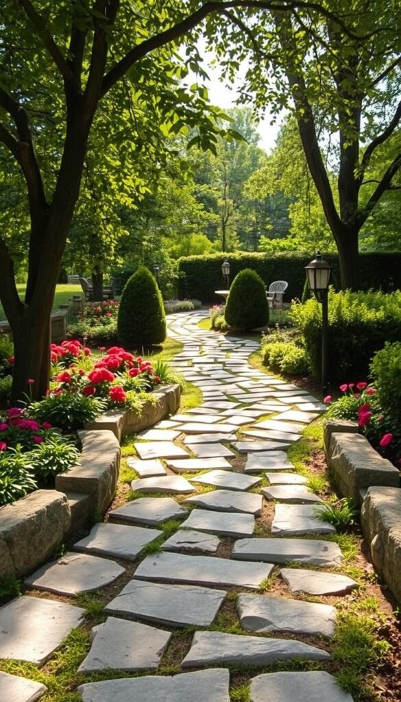 A meandering stone pathway winds through a lush, verdant garden. Smooth, weathered stones in shades of gray and beige form a natural, organic trail, gently curving and dipping between flourishing beds of vibrant flowers and neatly trimmed hedges. Dappled sunlight filters through the canopy of mature trees, casting a warm, gentle glow across the scene. The path leads the eye deeper into the tranquil, inviting garden, inviting exploration and discovery. A sense of harmony and balance pervades the space, with the carefully designed pathway seamlessly integrating with the surrounding natural elements.