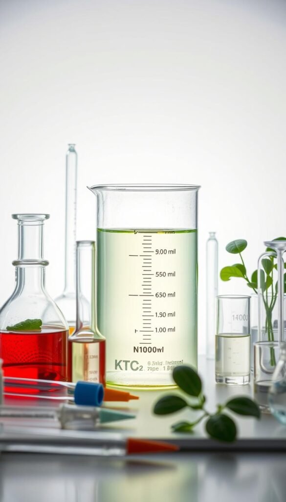 A meticulously balanced hydroponic nutrient solution in a glass beaker, set against a crisp white background. The solution shines with a vibrant, translucent hue, its composition visually conveyed through a precise arrangement of scientific glassware, pipettes, and measuring devices. Soft, directional lighting illuminates the scene, casting subtle shadows and highlights that accentuate the technical precision of the setup. The overall atmosphere is one of scientific inquiry and the pursuit of the perfect growing conditions for thriving hydroponic vegetables.