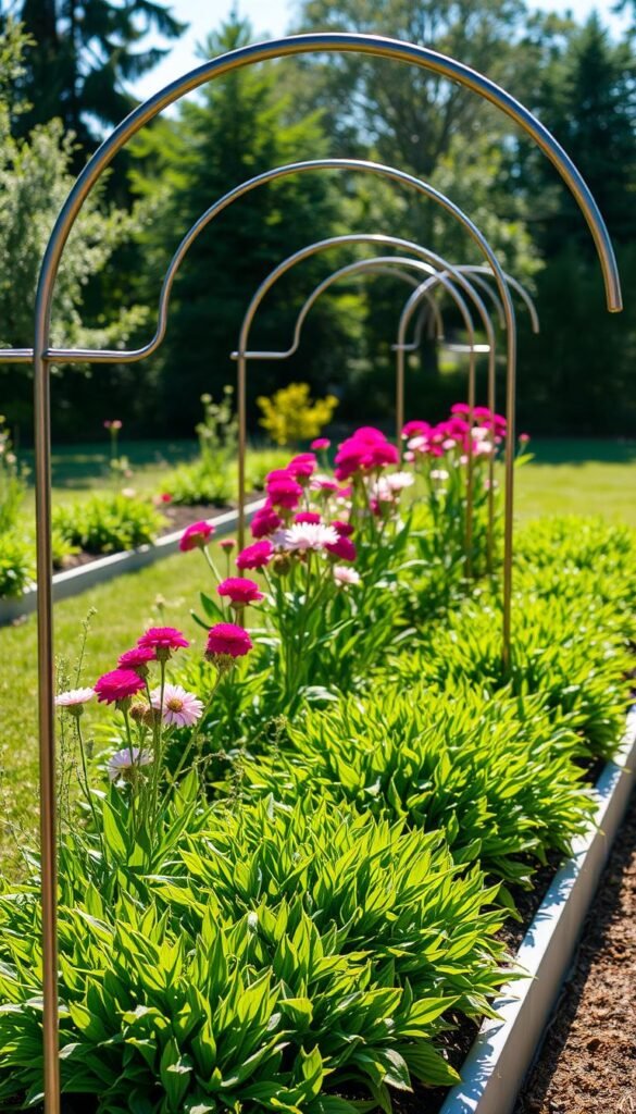 A meticulously crafted garden edging framework stands in a serene, sun-dappled landscape. Delicate wrought-iron arches and sleek metal edging lines the lush, verdant beds, framing the vibrant blooms and neatly trimmed foliage. The framework casts soft shadows, adding depth and dimension to the scene. A sense of order and intentionality pervades the arrangement, guiding the viewer's eye through the harmonious composition. Subtle variations in texture, from the smooth metal to the rustling plants, create visual interest. The overall impression is one of elegance, functionality, and a keen attention to the interplay of form and nature.