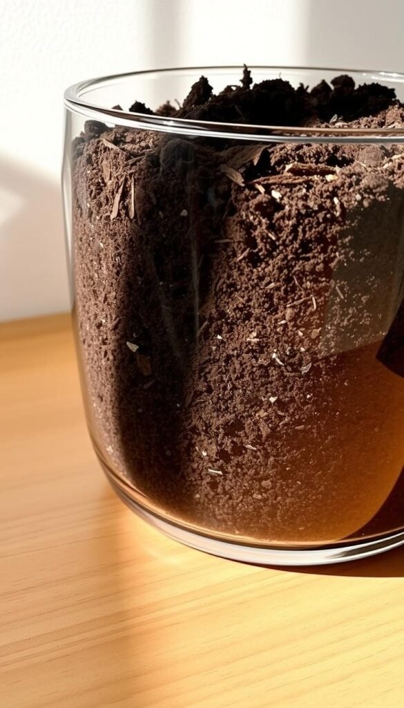 A meticulously crafted homemade potting mix, its rich, dark earthen hues filling a half-filled transparent glass container. Soft, fluffy peat moss, finely shredded bark, and a sprinkle of vermiculite blend seamlessly, creating a nutrient-dense, well-aerated medium. Beams of warm, natural light illuminate the mix, casting gentle shadows that accentuate its textural depth. The glass container stands atop a wooden surface, its clean lines and neutral tones providing a simple, yet elegant backdrop to showcase the handcrafted potting blend. An inspiring representation of the care and attention needed to cultivate a thriving container garden.