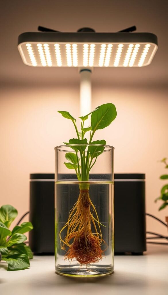 A meticulously crafted hydroponics setup, showcasing the Kratky method. In the foreground, a clear glass container holds a nutrient-rich solution, with the roots of a thriving plant suspended within. Bright LED grow lights cast a warm, natural glow, illuminating the scene. In the middle ground, a sleek, minimalist design with clean lines and a matte black finish complements the scientific nature of the setup. The background features a simple, uncluttered backdrop, allowing the focus to remain on the hydroponic system. The overall composition conveys a sense of efficiency, innovation, and the joy of growing fresh produce indoors without soil.