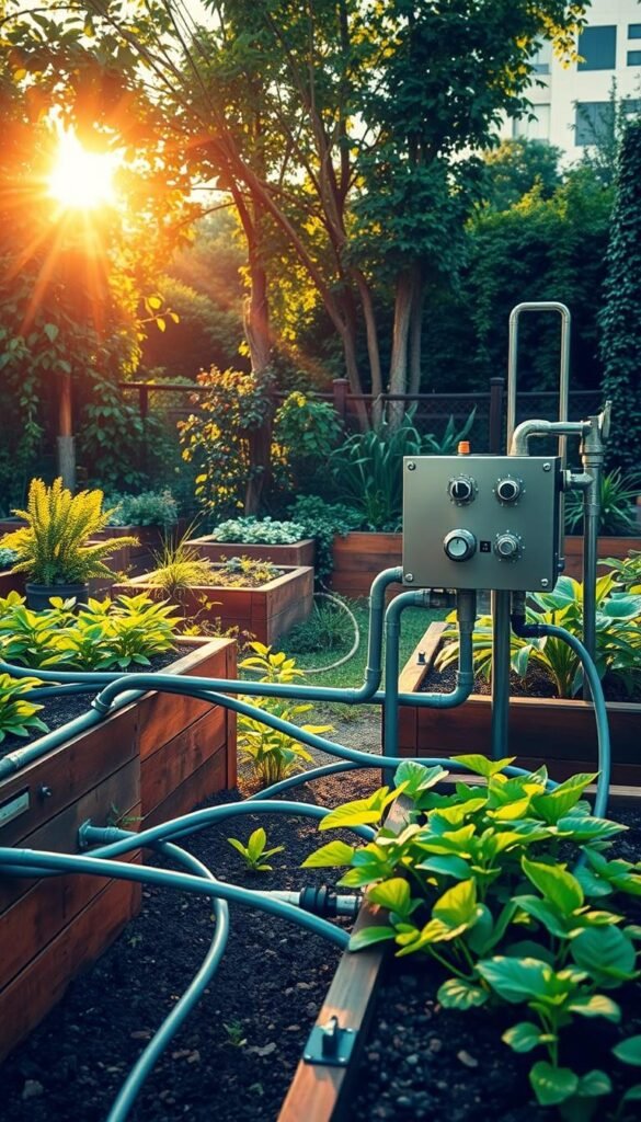 A meticulously crafted raised bed irrigation system in a lush urban garden, the sun casting warm, golden light across the scene. In the foreground, a network of sleek, modern pipes and tubing deftly weaves between the raised beds, their edges lined with vibrant, thriving plants. The middle ground reveals the heart of the system - a compact, stainless steel control unit with clear, intuitive dials and valves. In the background, a harmonious blend of greenery, from towering trees to cascading vines, creates a serene, verdant oasis, the perfect setting for this innovative watering solution. The overall composition conveys a sense of efficiency, functionality, and a deep connection to the natural world.