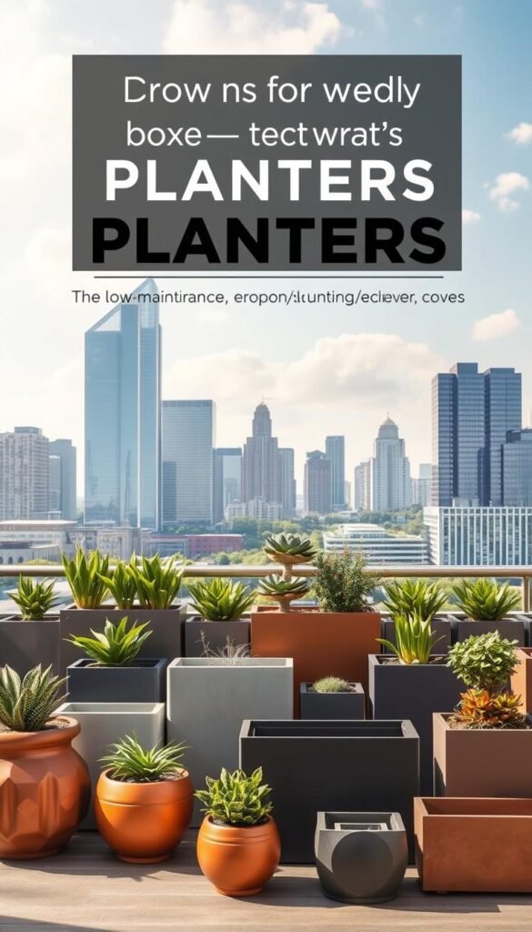 A meticulously curated selection of contemporary planter boxes in various shapes, sizes, and materials is showcased against a backdrop of a sun-dappled urban skyline. The foreground features an array of stylish planters in muted tones of terracotta, concrete, and powder-coated metal, arranged in a visually appealing layout. The middle ground depicts a modern city landscape with sleek high-rise buildings and verdant greenery, creating a harmonious balance between the natural and the built environment. Soft, diffused lighting emanates from the scene, evoking a tranquil and inviting atmosphere, ideal for highlighting the low-maintenance and space-saving features of these versatile urban planters.
