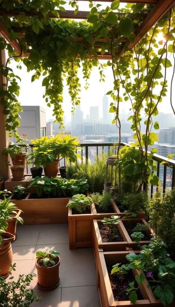 A meticulously designed balcony garden, with a variety of tailored planting setups arranged in harmonious vignettes. Lush, verdant foliage cascades from raised garden beds, complemented by compact vegetable planters and neatly pruned herbs. Warm, natural lighting filters through trellised vines, casting a soft glow on the scene. In the background, a picturesque city skyline provides a serene backdrop. The overall atmosphere is one of tranquility and thoughtful organization, showcasing how a small urban space can be transformed into a thriving, productive oasis.