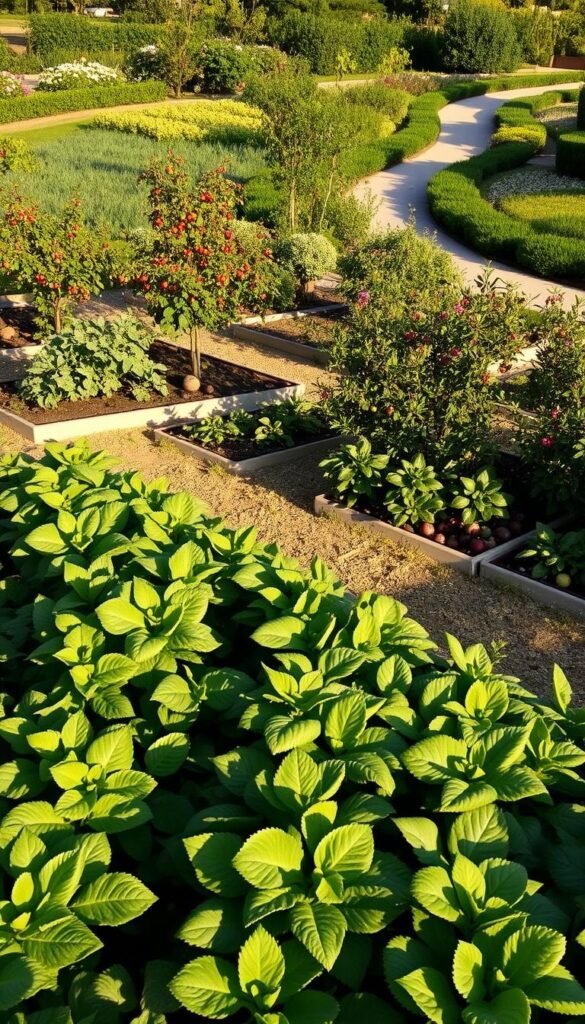 A meticulously designed garden layout, featuring a harmonious blend of fruit and vegetable beds. In the foreground, neatly arranged rows of leafy greens and vibrant vegetables, casting soft shadows under the warm, afternoon sunlight. The middle ground showcases a mix of berry bushes and dwarf fruit trees, their branches laden with ripe produce. In the background, a gentle slope leads to a winding path, surrounded by lush, flowering borders that invite exploration. The overall composition exudes a sense of balance, productivity, and natural beauty, perfectly capturing the essence of a cohesive fruit and vegetable garden design.
