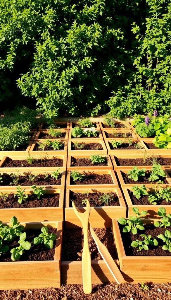 A meticulously designed square foot garden layout, showcasing an orderly grid of raised planting beds against a backdrop of lush greenery. The scene is bathed in warm, natural sunlight, casting soft shadows and highlighting the textured wooden frames. Each bed is divided into neat 1-foot squares, ready to host a variety of thriving herbs and vegetables. The layout is visually appealing, with a harmonious balance of shapes, colors, and textures, creating an inviting and productive outdoor oasis. A pair of wooden garden tools leans casually against the frame, hinting at the careful tending needed to maintain this well-organized square foot garden.