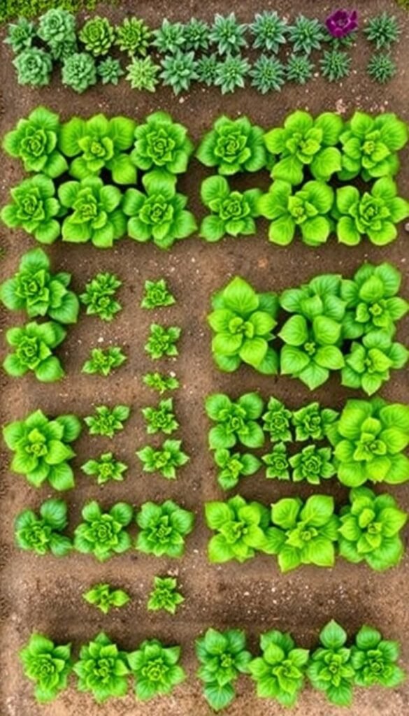 A meticulously designed vegetable garden layout, showcasing the optimal spacing for various produce. A crisp, evenly lit overhead view captures the lush greenery and structured arrangement. Vibrant leafy vegetables, neatly spaced in rows, create a visually appealing and harmonious composition. The scene exudes a sense of order and attention to detail, perfectly capturing the essence of the "Step-by-Step Vegetable Garden Planning Techniques" section. The image conveys a balanced, well-organized vegetable garden, serving as a practical guide for the reader's dream garden.