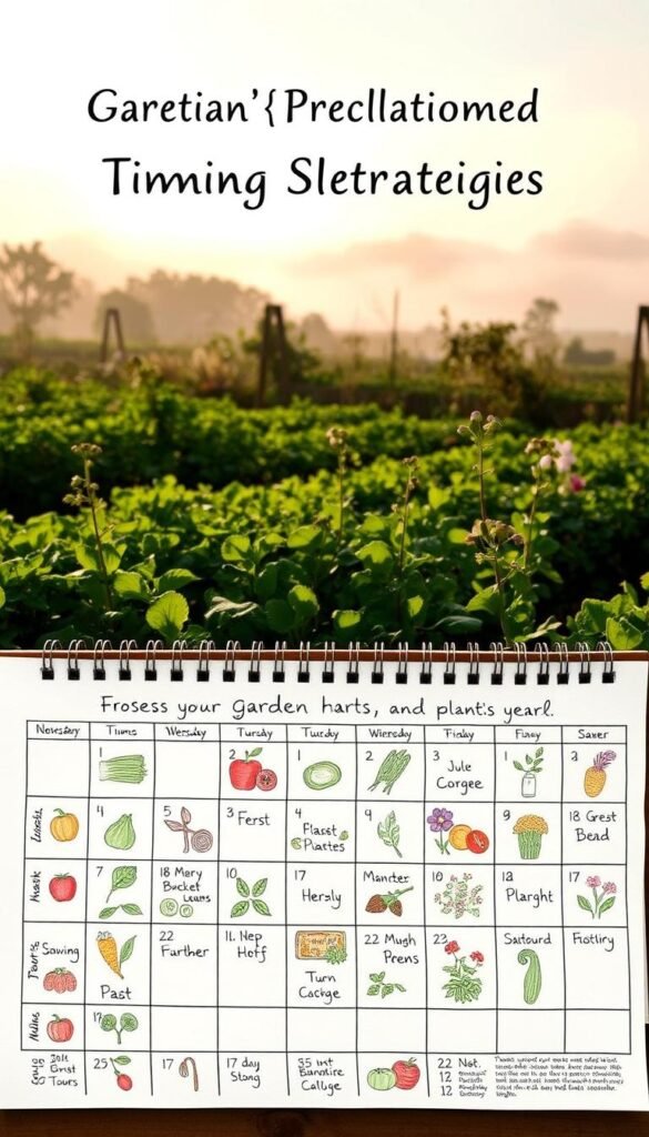 A meticulously detailed calendar illustration showcasing a garden's frost dates and planting schedule. In the foreground, a hand-drawn grid outlines the months and growing seasons, with beautifully rendered illustrations of vegetables, herbs, and flowers. The middle ground features a lush, verdant garden scene with plants in various stages of growth, illuminated by soft, natural lighting. In the background, a misty, atmospheric landscape sets the scene, hinting at the changing seasons. The overall composition conveys a sense of organization, planning, and the cyclical nature of the gardening year, perfectly suited to illustrate the "Garden Planning and Timing Strategies" section of the article.