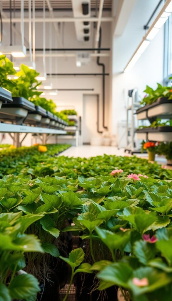 A meticulously detailed hydroponics system, showcasing various types of hydroponic setups. In the foreground, a lush, thriving hydroponic garden with verdant leafy greens and vibrant flowering plants, their roots suspended in nutrient-rich water. In the middle ground, a series of different hydroponic systems, including a deep water culture setup, a raft-based system, and a nutrient film technique layout, all illuminated by a warm, natural lighting. In the background, a clean, modern laboratory-like environment, with sleek equipment and scientific instruments, conveying the technical and innovative nature of hydroponics. The overall scene exudes a sense of scientific exploration and the future of sustainable agriculture. A meticulously detailed hydroponics system, showcasing various types of hydroponic setups. In the foreground, a lush, thriving hydroponic garden with verdant leafy greens and vibrant flowering plants, their roots suspended in nutrient-rich water. In the middle ground, a series of different hydroponic systems, including a deep water culture setup, a raft-based system, and a nutrient film technique layout, all illuminated by a warm, natural lighting. In the background, a clean, modern laboratory-like environment, with sleek equipment and scientific instruments, conveying the technical and innovative nature of hydroponics. The overall scene exudes a sense of scientific exploration and the future of sustainable agriculture.