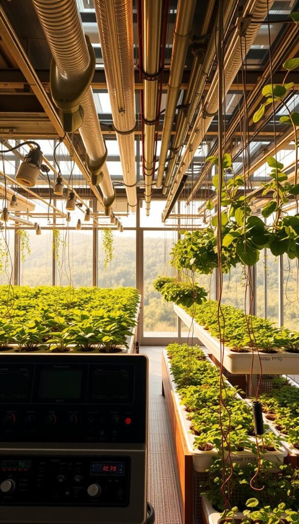 A meticulously detailed interior of a modern hydroponic greenhouse, bathed in warm, diffused natural light. Rows of lush, verdant plants thrive in a complex matrix of clear tubes, tanks, and precision-engineered equipment. Delicate tendrils trail from suspended plant beds, their roots submerged in a nutrient-rich solution. The foreground showcases a central control panel with digital displays, knobs, and sensors monitoring the optimal conditions for plant growth. In the background, the glass walls offer a panoramic view of a serene, verdant landscape. The overall atmosphere conveys a sense of scientific innovation and environmental sustainability.