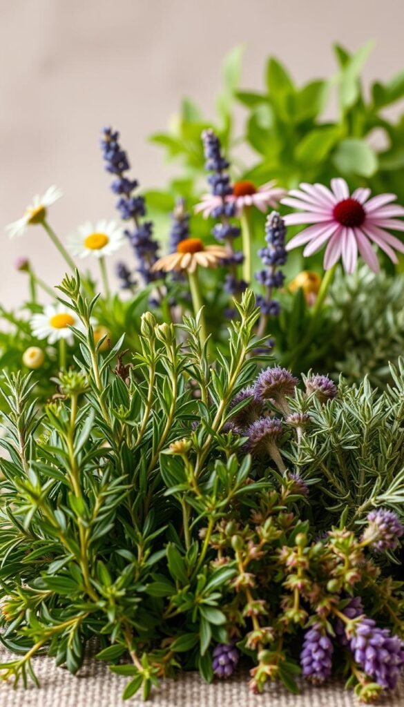 A meticulously detailed still life capturing an assortment of culinary and medicinal herbs, arranged artfully against a neutral background. The foreground features vibrant sprigs of rosemary, thyme, and oregano, their verdant leaves and delicate flowers cast in warm, natural lighting. In the middle ground, clusters of chamomile, lavender, and echinacea blooms add pops of color and texture, while the background subtly suggests lush, green foliage. The overall scene exudes a sense of tranquility and wellness, highlighting the beneficial properties of these versatile, aromatic plants.