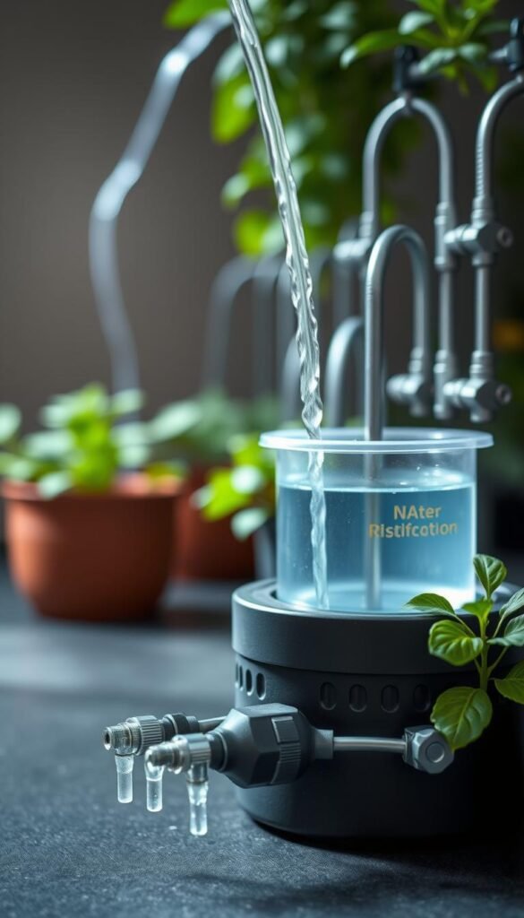 A meticulously engineered container irrigation system, featuring a sleek, minimalist design. In the foreground, a compact yet efficient water distribution mechanism with adjustable nozzles, precisely calibrated to deliver the optimal flow and coverage for potted vegetables. The middle ground showcases a discreet, low-profile reservoir with a clear water level indicator, seamlessly integrated into the overall system. In the background, a series of interconnected tubing and valves, elegantly routed to create a cohesive, unobtrusive layout. Soft, diffused natural lighting illuminates the scene, highlighting the system's precision engineering and subtlety. The overall mood is one of simplicity, functionality, and seamless integration with the potted garden environment.