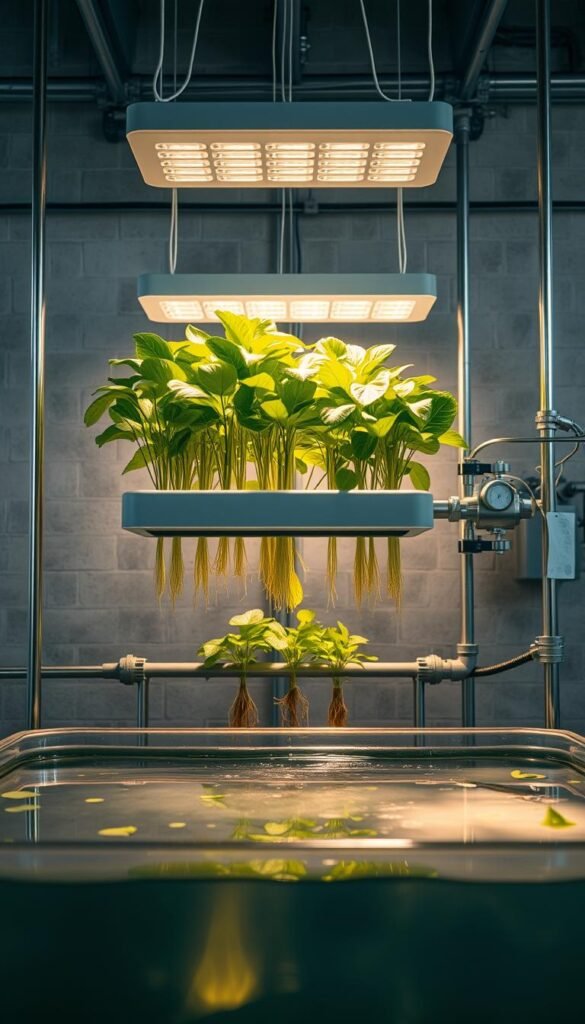 A meticulously engineered ebb and flow hydroponic system, bathed in warm, natural lighting. In the foreground, a transparent reservoir filled with nutrient-rich water, gently ebbing and flowing through the system. Suspended above, lush, verdant plants thrive, their roots delicately submerged, drawing nourishment from the recirculating water. The middle ground showcases the intricate network of pipes, valves, and timers that orchestrate the ebb and flow, creating an optimal growing environment. In the background, a minimalist, industrial-inspired setup, with exposed concrete and sleek, modern fixtures, emphasizing the system's efficiency and technical prowess. An atmosphere of controlled growth and harmonious balance pervades the scene, inviting the viewer to appreciate the beauty and complexity of this specialized hydroponic solution.
