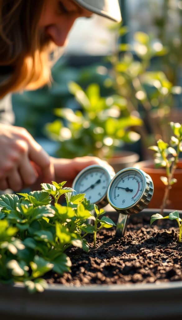 A meticulously observed scene of a container garden, with a gardener closely inspecting the soil and plants. Soft natural lighting illuminates the foreground, casting warm shadows across the lush greenery. In the middle ground, a thermometer and hygrometer monitor the microclimate, their readings reflecting the delicate balance needed to protect plants from winter's chill. The background blurs gently, emphasizing the gardener's focused attention on the task at hand. The overall atmosphere conveys a sense of calm, attentive care as the gardener assesses the conditions to prepare the container garden for the coming season.