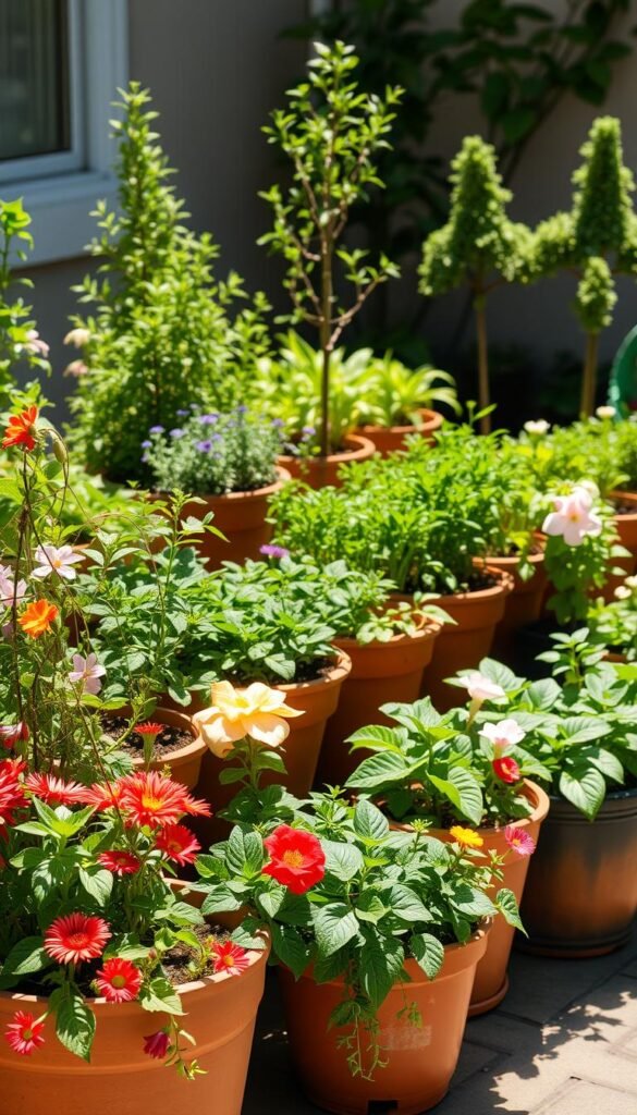 A meticulously organized container garden layout featuring a harmonious arrangement of lush, thriving potted plants. The foreground showcases vibrant flowering annuals and trailing vines cascading gracefully over the edges of raised planters. The middle ground features a selection of neatly spaced, verdant herbs and leafy greens, while the background is anchored by the sturdy silhouettes of small, decorative trees or shrubs. Warm, natural sunlight filters through the scene, casting gentle shadows and highlighting the textural details of the plantings. The overall composition conveys a sense of balance, tranquility, and the opportunity for bountiful harvests in a compact, visually appealing urban oasis.