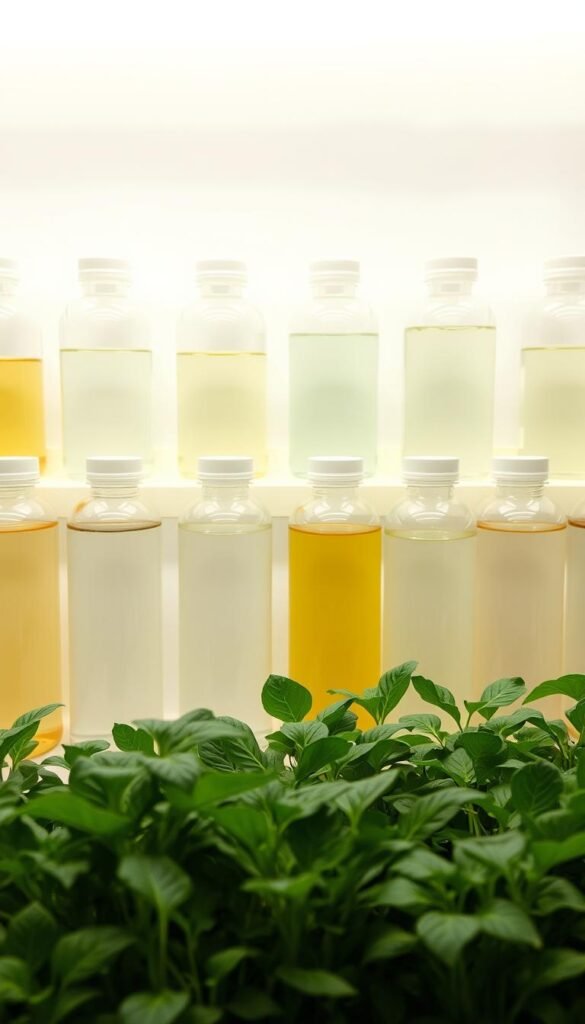 A meticulously organized display of hydroponic nutrient solutions, with a range of glass containers filled with various clear liquids, arranged against a neutral white background. The containers are illuminated from above by soft, diffused lighting, casting gentle shadows and highlighting the subtle hues and transparencies of the solutions. In the foreground, a selection of leafy, verdant hydroponic plants emerge from the nutrient-rich waters, their vibrant foliage contrasting the clean, minimalist setup. The overall composition conveys a sense of scientific precision and visual clarity, inviting the viewer to closely examine the essential components of a thriving hydroponic system.
