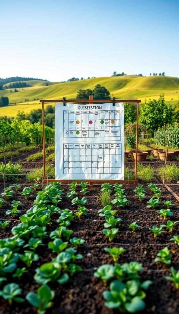 A meticulously organized garden layout showcasing a succession planting schedule. The foreground features a detailed planting grid with distinct sections for various vegetable crops, each planted at staggered intervals to enable continuous harvest. The middle ground displays a hand-drawn calendar tracking the planting and harvesting timelines, complemented by color-coded icons denoting crop types. The background depicts a lush, verdant garden scene with rolling hills, a clear blue sky, and soft natural lighting illuminating the layout. The overall atmosphere conveys a sense of organized efficiency, seasonal planning, and the beauty of a well-designed, productive vegetable garden.