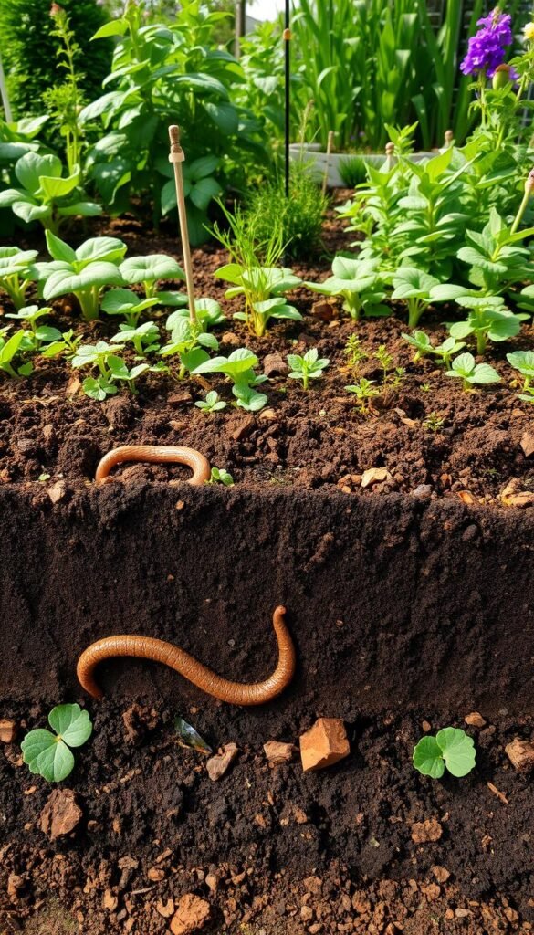 A meticulously organized no-dig garden bed, layers of diverse life teeming beneath the surface. In the foreground, a cross-section revealing rich, dark humus, worm castings, and decomposing organic matter. The middle ground showcases a thriving understory of diverse groundcovers, herbs, and small plants, each playing a role in building soil health. In the background, a lush canopy of perennial plants, their roots delving deep to access nutrients and moisture. Natural light filters through, casting a warm, earthy glow over the scene. The composition emphasizes the interconnected, symbiotic nature of a regenerative growing system, inviting the viewer to explore the hidden complexity of the soil.