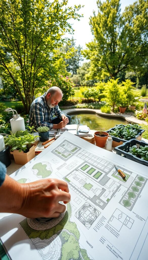 A meticulously planned garden design process unfolds before the viewer. In the foreground, a detailed sketch of the intended layout, with carefully considered vegetable beds, paths, and focal points. The middle ground showcases a landscaper or designer poring over plans, surrounded by sample plants, tools, and reference materials. In the background, a lush, sun-dappled outdoor setting, with verdant trees and a serene pond or water feature. The lighting is soft and natural, highlighting the thoughtful curation of this sustainable, edible landscape. Captured through a wide-angle lens, the scene conveys a sense of tranquility, creativity, and the joy of cultivating a beautiful, functional front yard garden.