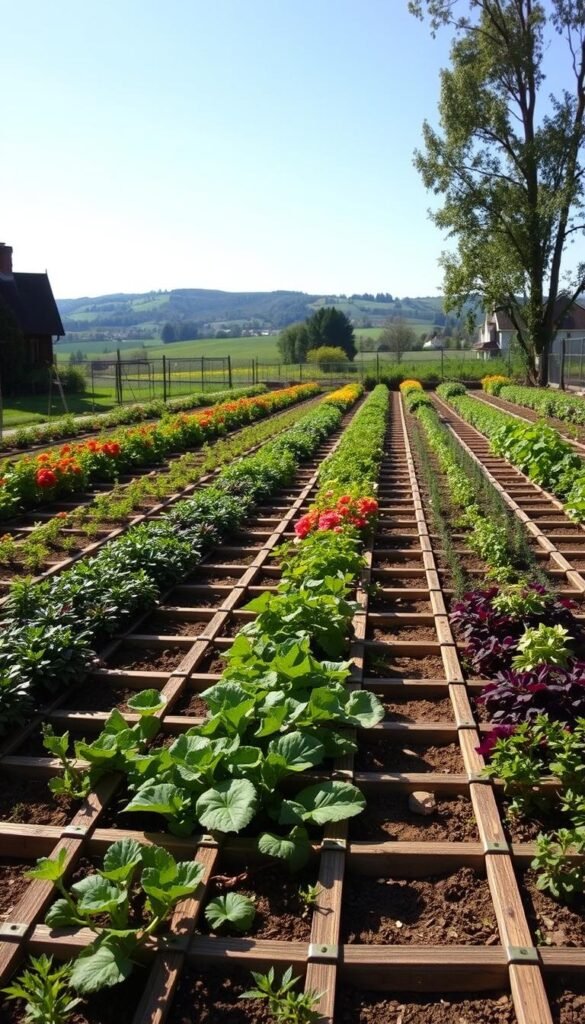A meticulously planned garden grid, with crisp intersecting lines forming an orderly pattern of square plots. The foreground showcases the grid's structure, each square neatly delineated with wooden or metal borders. Mid-ground features rows of thriving vegetables, herbs, and flowers in vibrant hues, their lush foliage contrasting with the grid's linear design. In the background, a sun-dappled scene of rolling hills or a quaint country setting provides a serene backdrop, conveying a sense of tranquility and the beauty of a well-organized, productive vegetable garden.