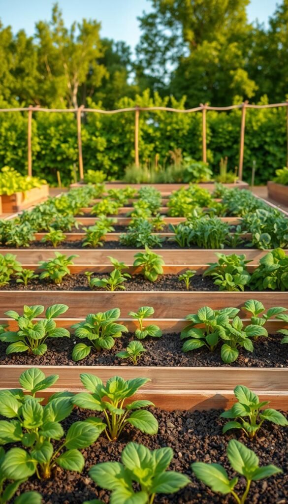 A meticulously planned raised garden bed layout, showcasing an harmonious arrangement of lush, vibrant vegetables and herbs. The foreground features neatly spaced rows of thriving plants, their leaves gently swaying in the soft breeze. The middle ground displays a well-defined grid pattern, with precisely positioned beds bordered by rustic wood planks. In the background, a backdrop of verdant foliage and a clear, azure sky creates a tranquil, serene atmosphere. Warm, natural lighting illuminates the scene, casting subtle shadows and highlights that accentuate the textural details of the soil, plants, and wooden structures. The overall composition exudes a sense of order, productivity, and a deep connection to the natural world.