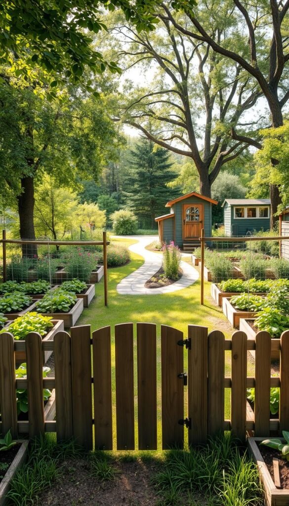 A meticulously planned vegetable garden layout set against a backdrop of lush greenery. In the foreground, raised garden beds with neatly arranged rows of thriving produce. A wooden fence with an ornate gate encloses the space, providing a secure barrier against pests. The middle ground features a winding path lined with fragrant flowers, inviting the viewer to explore. Dappled sunlight filters through the canopy of mature trees, casting a warm, natural glow over the scene. A potting shed and tool shed stand in the background, complementing the rustic, yet refined aesthetic. The overall impression is one of order, productivity, and a harmonious integration of function and form.