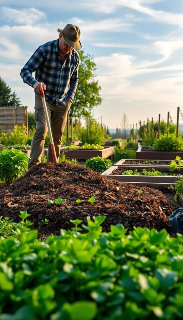 A meticulously tended garden, with lush, verdant beds arranged in a harmonious no-dig layout. In the foreground, a gardener carefully spreads a thick layer of fragrant, nutrient-rich mulch over the soil, using a rake to ensure even coverage. The midground showcases raised garden beds, their wooden frames standing in contrast to the surrounding greenery. In the background, a softly lit, atmospheric scene unfolds, with wispy clouds drifting across a gentle blue sky. The lighting is natural and diffused, casting a warm, inviting glow over the entire composition. The overall scene conveys a sense of tranquility, order, and the deep connection between gardening and the natural world.