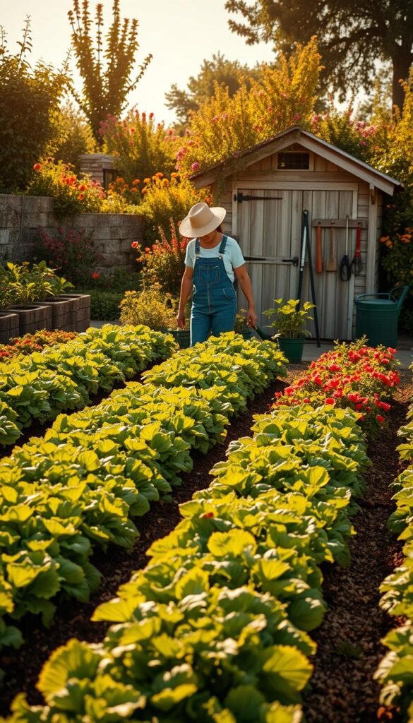 A meticulously tended vegetable garden, with lush rows of thriving plants in the foreground. A gardener, dressed in a wide-brimmed hat and denim overalls, tending to the beds with a gentle hand. The middle ground features a variety of garden tools neatly arranged, including a trowel, pruning shears, and a watering can. In the background, a picturesque shed with a weathered wooden exterior, surrounded by a vibrant tapestry of blooming flowers. Warm, golden sunlight filters through the scene, casting a serene, inviting atmosphere. The overall composition conveys a sense of harmony and the rewarding nature of gardening.