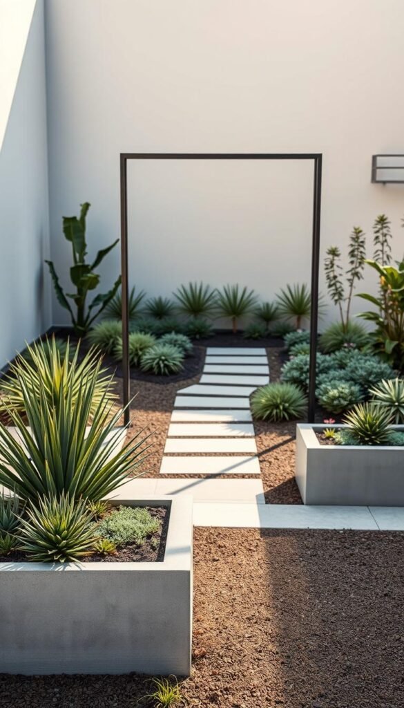 A minimalist garden featuring sleek, contemporary design elements. In the foreground, geometric concrete planters with succulents and ornamental grasses create a clean, modern aesthetic. The middle ground showcases a sculptural metal trellis, its linear form casting dynamic shadows on the ground. In the background, a smooth stone pathway leads the eye through a carefully curated arrangement of low-growing shrubs and perennials, their foliage providing subtle pops of color. Overhead, the scene is illuminated by warm, diffused sunlight, creating a serene, gallery-like atmosphere that seamlessly blends nature and modern design.