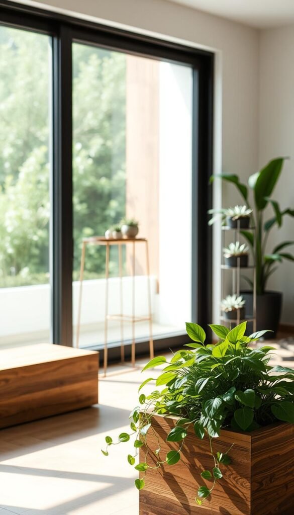 A minimalist indoor garden design with clean lines, natural textures, and a serene ambiance. In the foreground, a simple wooden planter with a lush, low-maintenance plant cascading over the edges. The middle ground showcases a sleek, metal plant stand holding a mix of leafy greens and succulents, artfully arranged. The background features a large, floor-to-ceiling window, allowing natural light to flood the space and creating a tranquil, zen-like atmosphere. The lighting is soft and diffused, accentuating the organic forms and earthy tones. The camera angle is slightly elevated, capturing the harmony between the minimalist furnishings and the verdant foliage.