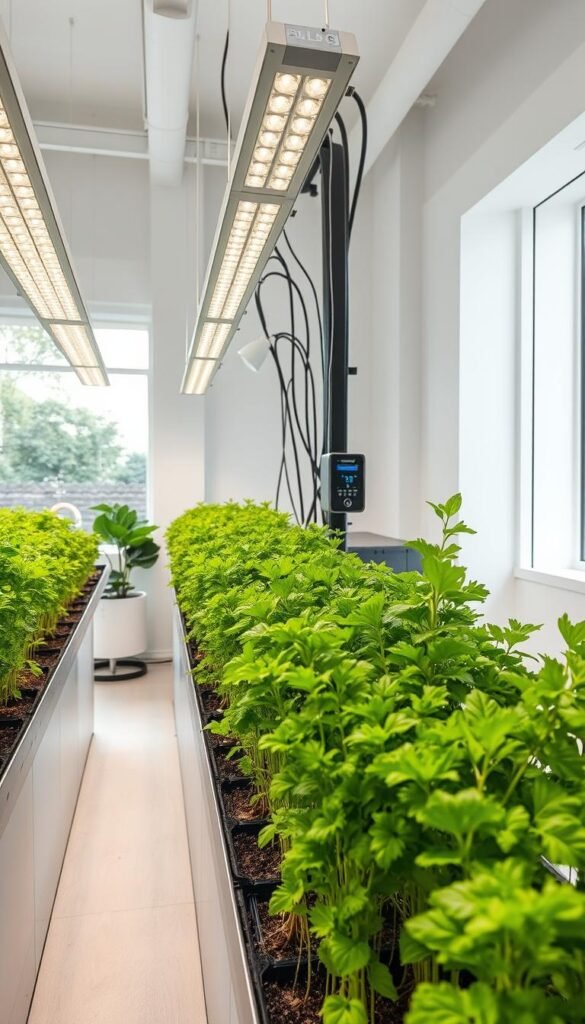 A modern hydroponic gardening setup with a sleek, minimalist aesthetic. In the foreground, a series of tall, slender plant beds filled with lush, verdant greenery, their roots immersed in a nutrient-rich solution. Overhead, a state-of-the-art LED lighting system casts a warm, natural glow, mimicking the sun's rays. In the middle ground, a compact control panel with digital displays, allowing precise monitoring and adjustment of the hydroponic system's parameters. The background features a clean, bright space with white walls and large windows, providing ample natural light and a sense of openness. The overall atmosphere is one of efficient, low-maintenance gardening, showcasing the ease and convenience of this innovative horticultural technique.