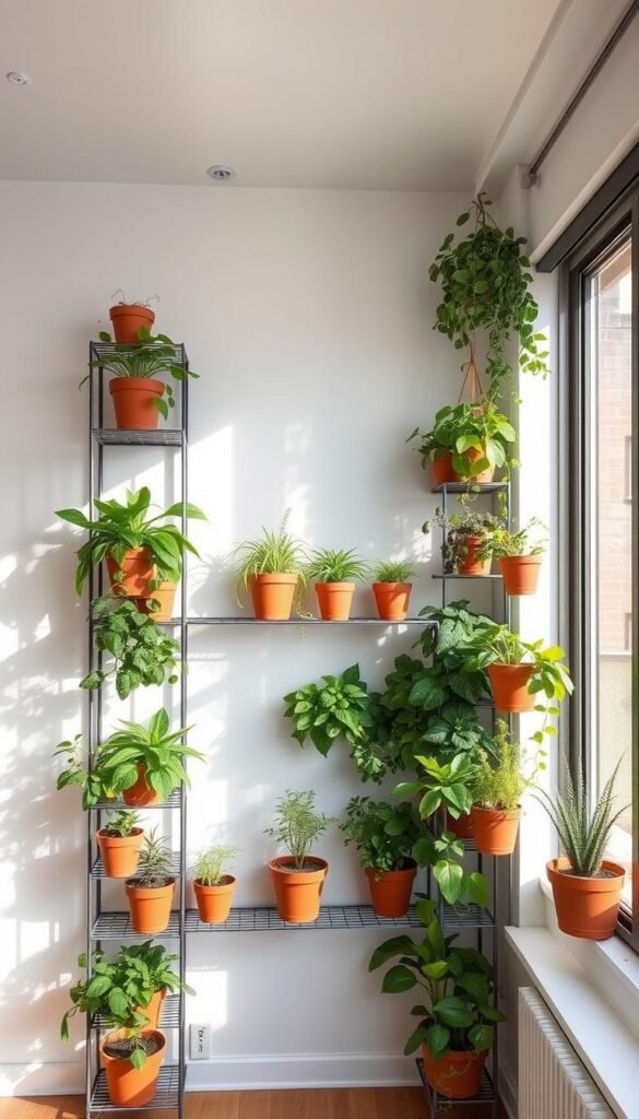 A modern indoor vertical garden setup in a cozy urban studio apartment. A floor-to-ceiling shelving unit holds a lush array of potted plants, herbs, and succulents cascading down the shelves. Soft diffused lighting from recessed ceiling fixtures and a large window casting natural daylight creates a serene, nature-infused atmosphere. The setup is positioned against a plain white wall, allowing the verdant foliage to take center stage. Sleek metal shelves, terracotta pots, and natural wood accents blend seamlessly for a refined, minimalist aesthetic perfectly suited for compact living spaces.