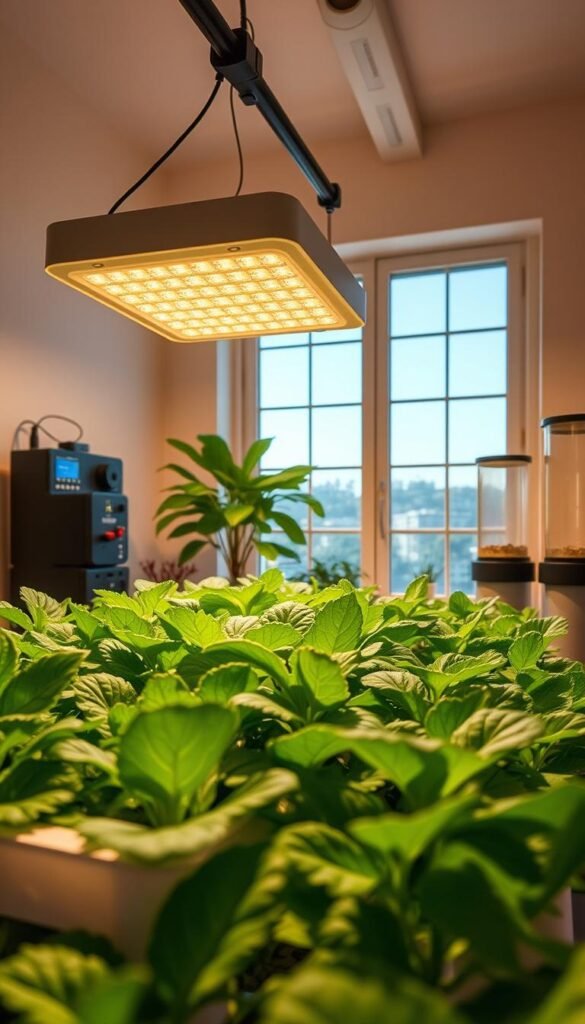 A modern, minimalist indoor hydroponic garden in a cozy, well-lit studio setting. In the foreground, a close-up view of lush, vibrant leafy greens thriving in a precisely calibrated hydroponic system, with nutrient-rich water gently circulating. The middle ground showcases various hydroponics equipment, including an LED grow light suspended overhead, a digital control panel, and transparent nutrient reservoirs. The background features large windows allowing natural daylight to flood the space, creating a serene, productive atmosphere conducive to optimal plant growth. The lighting is warm and soft, highlighting the verdant foliage and creating a sense of tranquility. The overall composition conveys a harmonious balance between technology and nature, showcasing the potential of a meticulously optimized hydroponic setup. A modern, minimalist indoor hydroponic garden in a cozy, well-lit studio setting. In the foreground, a close-up view of lush, vibrant leafy greens thriving in a precisely calibrated hydroponic system, with nutrient-rich water gently circulating. The middle ground showcases various hydroponics equipment, including an LED grow light suspended overhead, a digital control panel, and transparent nutrient reservoirs. The background features large windows allowing natural daylight to flood the space, creating a serene, productive atmosphere conducive to optimal plant growth. The lighting is warm and soft, highlighting the verdant foliage and creating a sense of tranquility. The overall composition conveys a harmonious balance between technology and nature, showcasing the potential of a meticulously optimized hydroponic setup.
