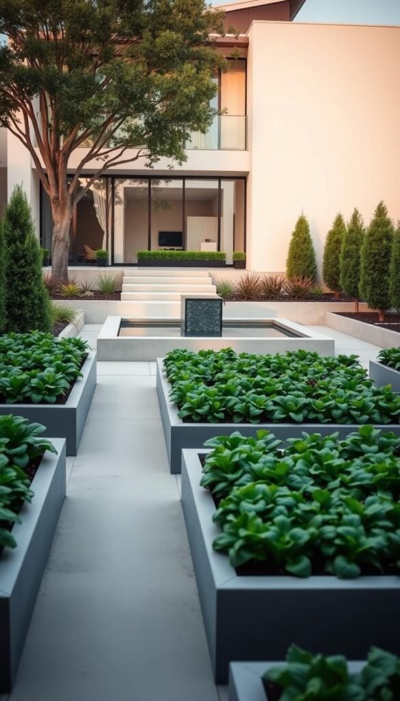 A modern, minimalist vegetable garden set in a sleek, contemporary residential landscape. The foreground features neatly arranged raised beds with lush, vibrant greens and vegetables. The middle ground showcases a modern water feature or sculptural element that blends seamlessly with the overall design. The background frames the scene with a modern, angular home or architectural structure, complemented by carefully pruned shrubs and trees. The lighting is soft and diffused, creating a serene, inviting atmosphere. The composition is balanced and harmonious, showcasing a harmonious integration of nature and modern design.